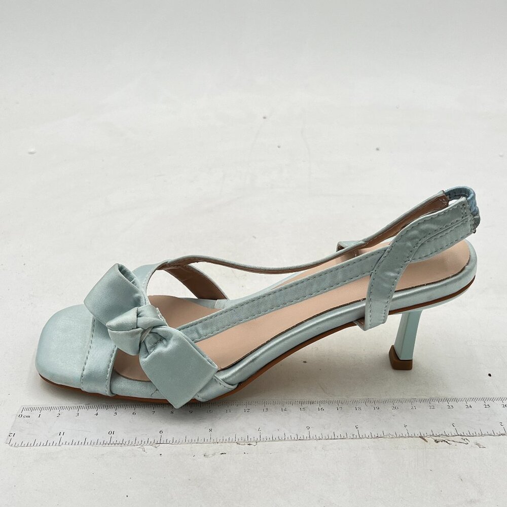 Milooey Light Cyan Square Open Toe Bowknot Strappy Slingback Mid Heels Sandal
